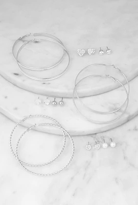 Womens Assorted Stud and Hoop Earrings Set of 9, Silver