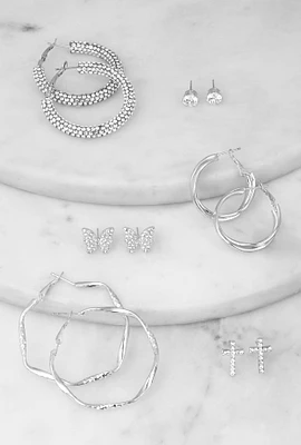 Womens Assorted Stud and Hoop Earrings Set of 6, Silver