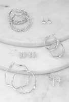 Womens Assorted Stud and Hoop Earrings Set of 6, Silver