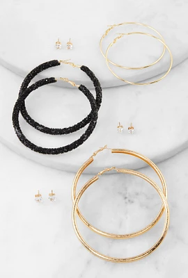 Womens Stud and Hoop Earrings Set of 6, Gold