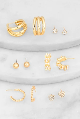 Womens Assorted Hoop and Stud Earrings Set, Gold