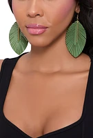 Womens Metallic Detail Leaf Drop Earrings, Green