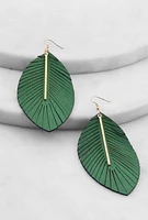 Womens Metallic Detail Leaf Drop Earrings, Green