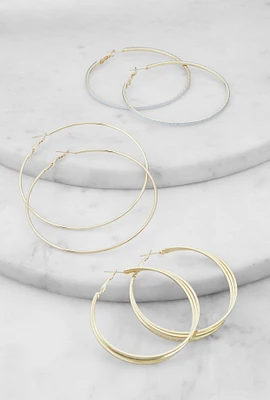 Womens Metallic Hoop Earrings Set of 3, Gold