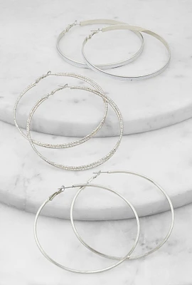 Womens Metallic Glitter Hoop Earrings Set of 3, Silver