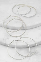 Womens Metallic Glitter Hoop Earrings Set of 3, Silver