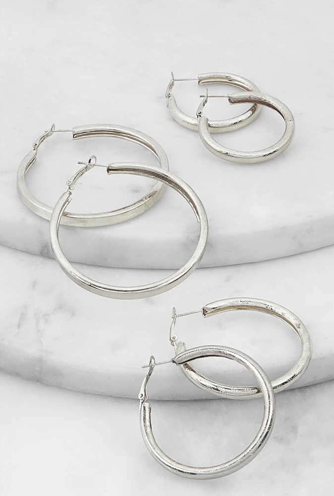 Womens Metallic Textured Hoop Earrings Set of 3, Silver