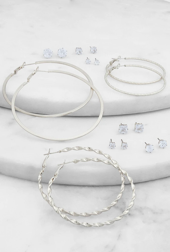 Womens Assorted Hoop Earrings and Cubic Zirconia Stud Earrings Set of 9, Silver