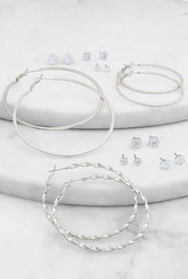 Womens Assorted Hoop Earrings and Cubic Zirconia Stud Earrings Set of 9, Silver