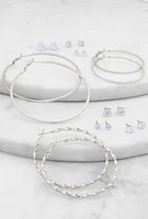 Womens Assorted Hoop Earrings and Cubic Zirconia Stud Earrings Set of 9, Silver
