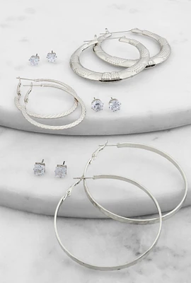 Womens Textured Hoop Earrings and Cubic Zirconia Stud Earrings Set of 6, Silver