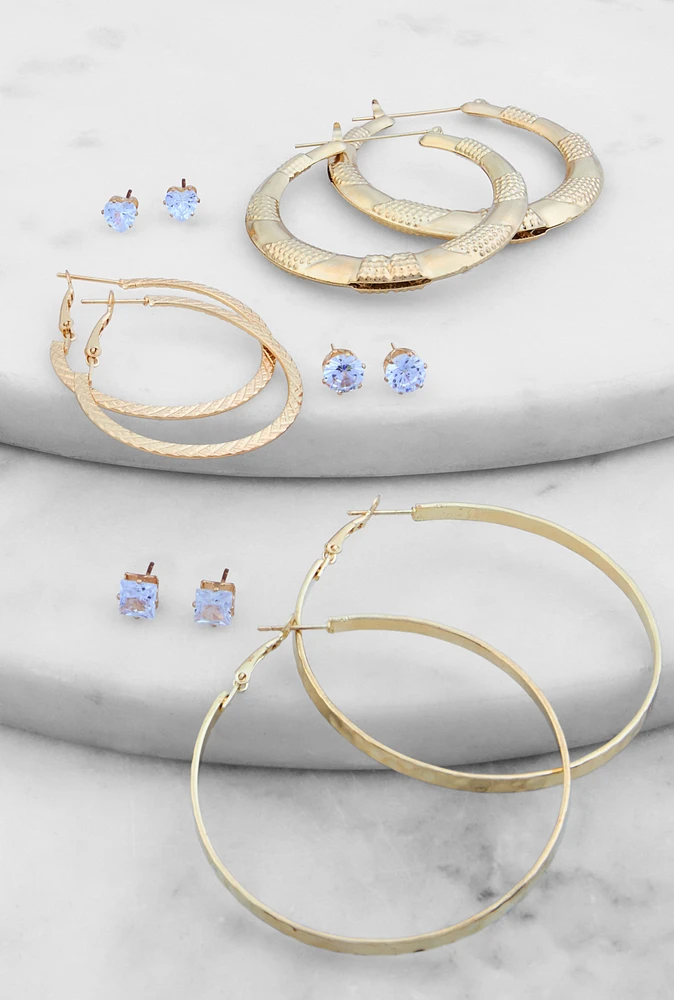 Womens Textured Hoop Earrings and Cubic Zirconia Stud Earrings Set of 6, Gold