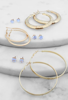 Womens Textured Hoop Earrings and Cubic Zirconia Stud Earrings Set of 6, Gold