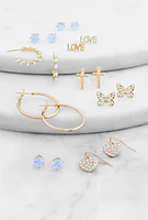 Womens Assorted Cubic Zirconia Hoop Earrings and Stud Earrings Set of 9, Gold