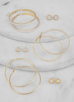 Womens Metallic Hoop and Stud Earrings Set of 6, Gold