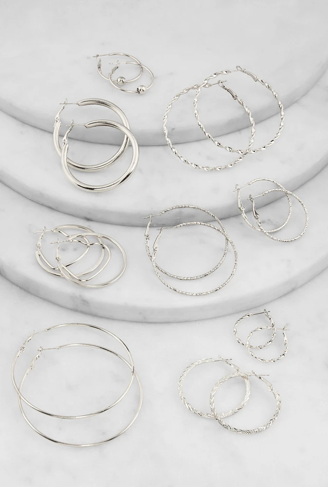 Womens Textured Metallic Hoop Earrings Set of 9, Silver