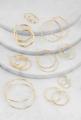 Womens Textured Metallic Hoop Earrings Set of 9, Gold