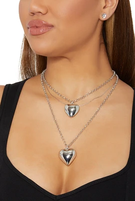 Womens Heart Pendant Layered Necklace and Stud Earrings, Silver