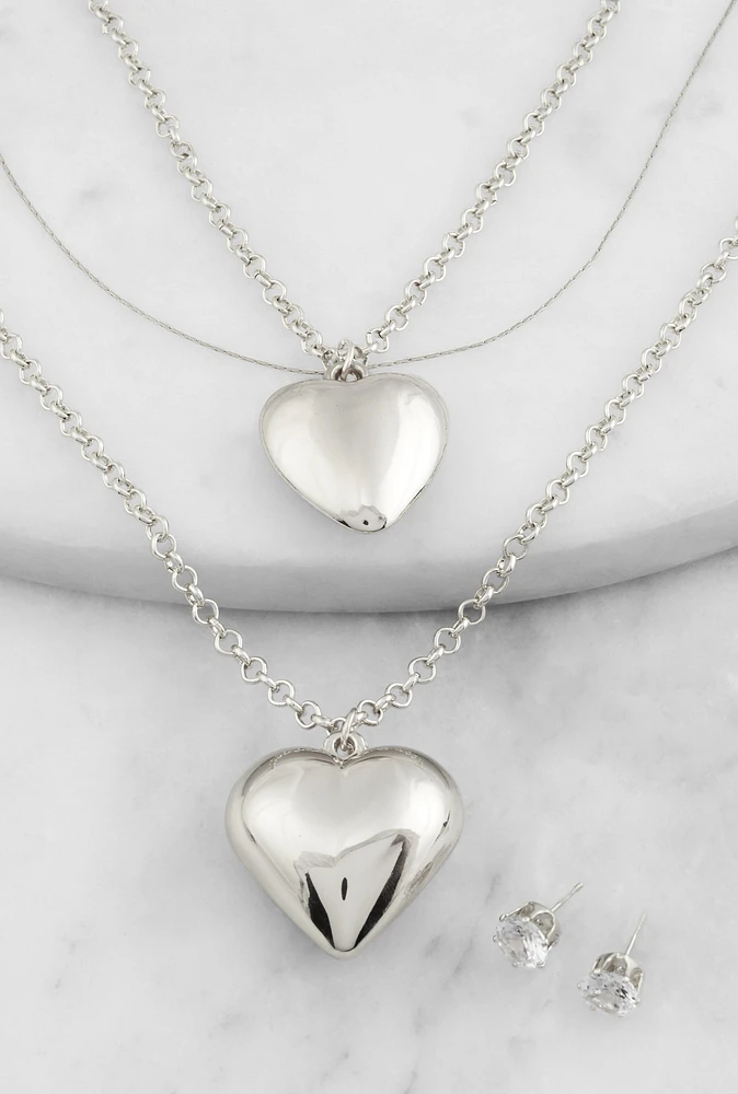 Womens Heart Pendant Layered Necklace and Stud Earrings, Silver