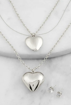 Womens Heart Pendant Layered Necklace and Stud Earrings, Silver