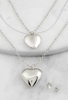 Womens Heart Pendant Layered Necklace and Stud Earrings, Silver