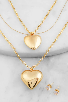 Womens Heart Pendant Layered Necklace and Stud Earrings, Gold