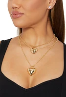 Womens Heart Pendant Layered Necklace and Stud Earrings, Gold