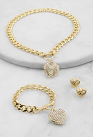 Womens Heart Charm Toggle Closure Bracelet and Necklace with Stud Earrings, Gold