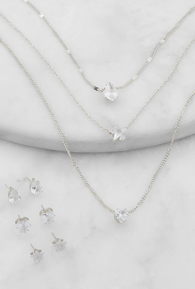 Womens Cubic Zirconia Layered Necklace with Stud Earrings Set, Silver