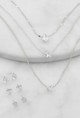 Womens Cubic Zirconia Layered Necklace with Stud Earrings Set, Silver