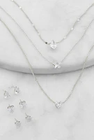 Womens Cubic Zirconia Layered Necklace with Stud Earrings Set, Silver