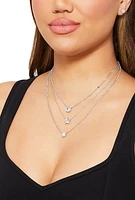 Womens Cubic Zirconia Layered Necklace with Stud Earrings Set, Silver
