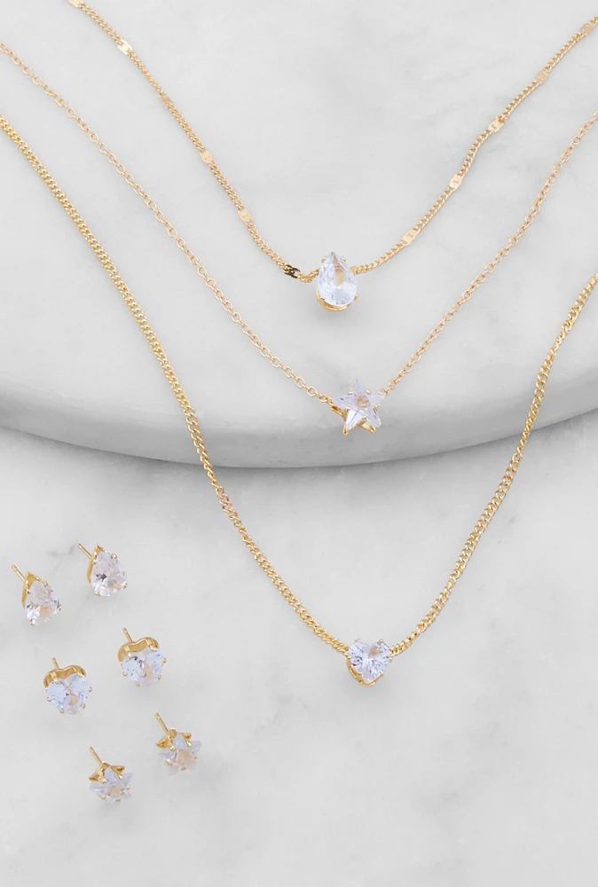 Womens Cubic Zirconia Layered Necklace with Stud Earrings Set,