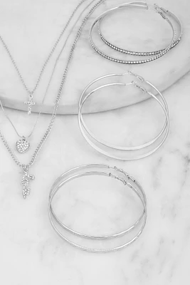 Womens Love Rhinestone Layered Necklace and Hoop Earrings, Silver