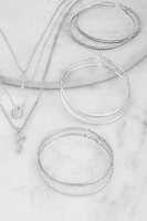 Womens Love Rhinestone Layered Necklace and Hoop Earrings, Silver