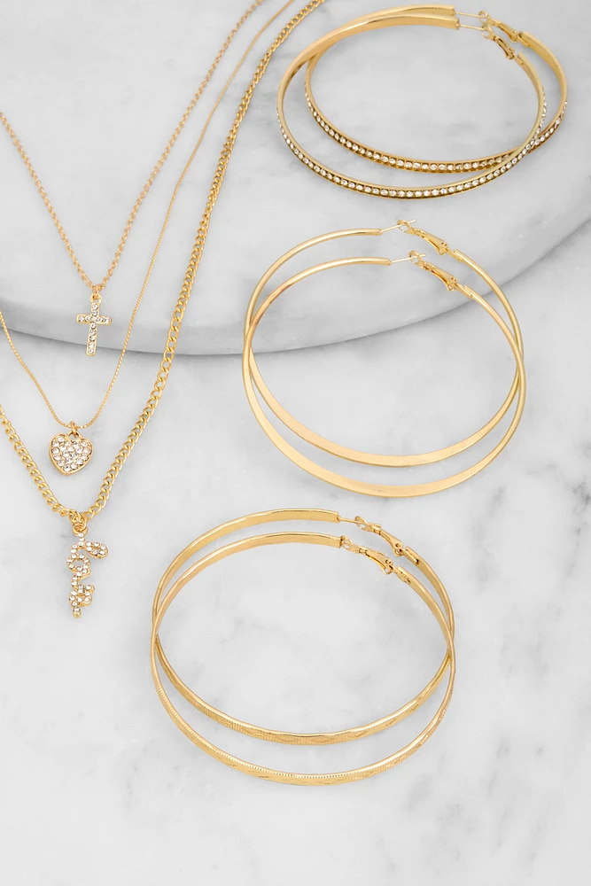 Womens Love Rhinestone Layered Necklace and Hoop Earrings, Gold