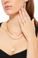 Womens Rhinestone Heart Layered Necklace and Rings Set, Gold