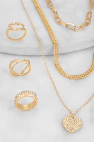 Womens Rhinestone Heart Layered Necklace and Rings Set, Gold