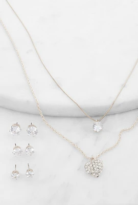 Womens Cubic Zirconia Layered Necklace with Stud Earrings Trio, Silver
