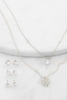 Womens Cubic Zirconia Layered Necklace with Stud Earrings Trio, Silver