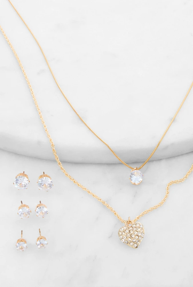 Womens Cubic Zirconia Layered Necklace with Stud Earrings Trio, Gold
