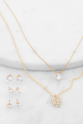 Womens Cubic Zirconia Layered Necklace with Stud Earrings Trio, Gold