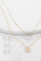 Womens Cubic Zirconia Layered Necklace with Stud Earrings Trio, Gold