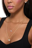 Womens Cubic Zirconia Layered Necklace with Stud Earrings Trio, Gold