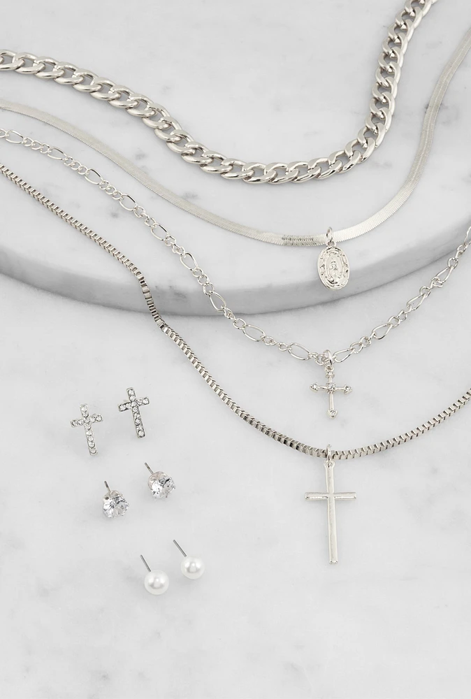 Womens Cross Charm Layered Necklace with Stud Earrings, Silver
