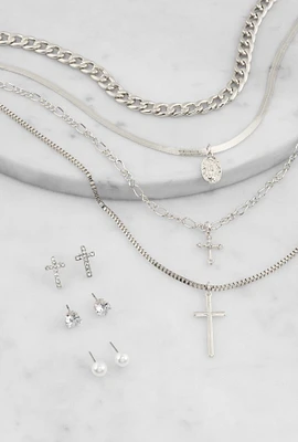 Womens Cross Charm Layered Necklace with Stud Earrings, Silver