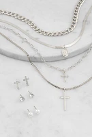 Womens Cross Charm Layered Necklace with Stud Earrings, Silver