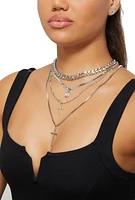 Womens Cross Charm Layered Necklace with Stud Earrings, Silver