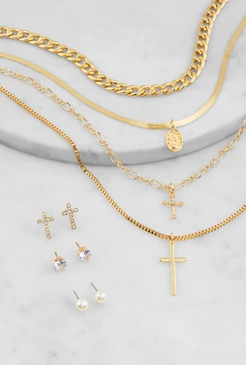 Womens Cross Charm Layered Necklace with Stud Earrings,