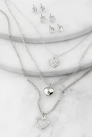 Womens Heart Charm Layered Necklace with Stud Earring Trio, Silver